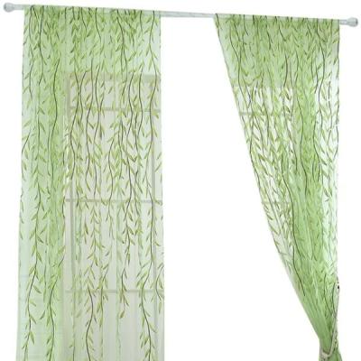 China Blackout Window Curtain Sheer Rod Pocket Voile Curtain Panel With Embroidery Leaf Green Lor Living Room for sale