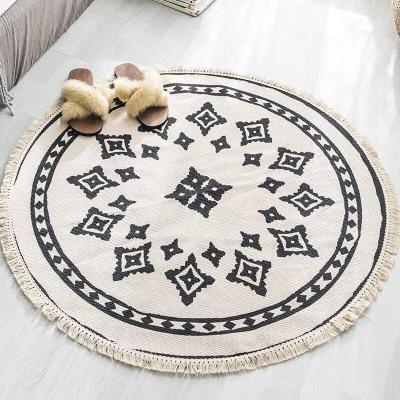 China Small CLASSIC Nordic Ins Round Rug For Bedroom Bohemia Style Woven Cotton Canvas Blanket Ethnic Knitting Floor Mat 90cm 120cm 150cm for sale