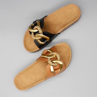 China Fashion Trend Women's Sandals Slip With Gold Glitter Cork Summer Beach Slippers Cork Shoe Chain Soles for sale