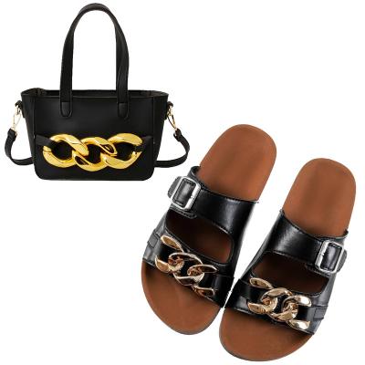 China Fashion Trend Insti Hottest Fashion Flat Ladies Slippers and Crossbag Sets Beach Sandals and Purse Sets Metal Chain Bag and Outdoor Slides Sets for sale