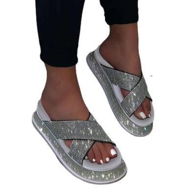 China 2021 new light women large size thick bottom shoes with rhinestone cross straps flat bottom slippers fashion sandals forladies girls for sale