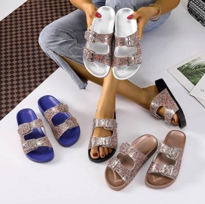 China Fashion Trend Custom Logo Double Rhinestone Buckle Straps Slippers Shiny Diamond Ladies Flat Slides Indoor Outdoor Beach Women Crystal Shoes for sale