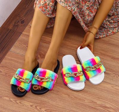 China Fashion Trend Fur Women Cool Chain Slippers Dye Faux Ladies Sandals Indoor Plush Outdoor Slides Non Slip Fur Women Shoes for sale