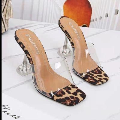 China Peep Toe High Heels Women Slippers Leopard Print Band Transparent Sandals Crystal Heel Shoes For Ladies for sale