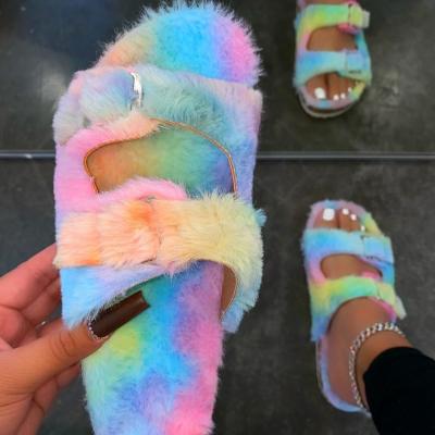 China 2021 Fashion New Style Fashion Plush Sandals Double Straps Breathable Soft Cotton Faux Dye Fur Home Women Slippers Outdoor Shoes for sale