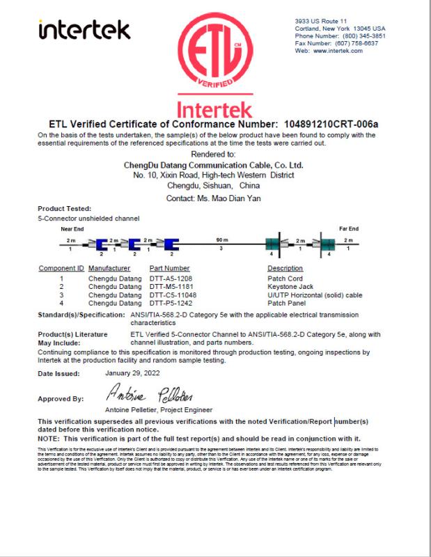 ETL Verified Certificate - Chengdu Datang Communication Cable, Co. Ltd.