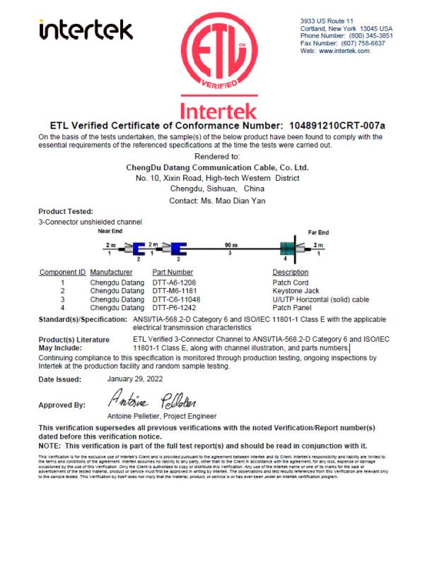 ETL Verified Certificate - Chengdu Datang Communication Cable, Co. Ltd.