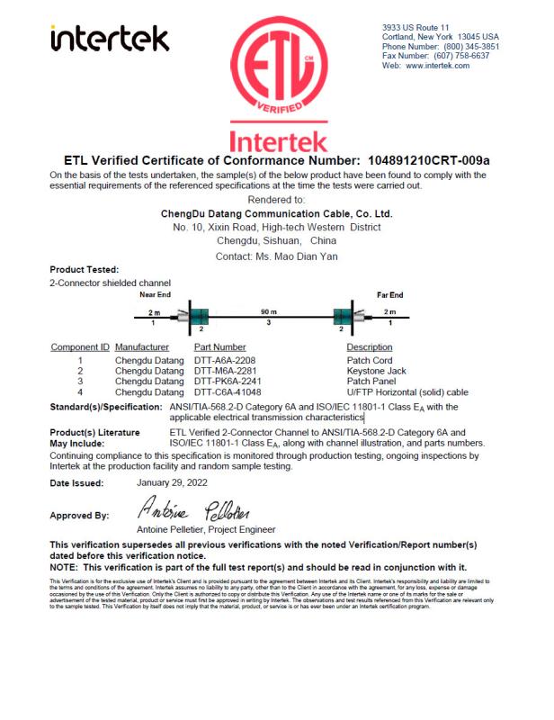 ETL Verified Certificate - Chengdu Datang Communication Cable, Co. Ltd.