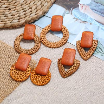 China Korean Exaggerated Wood Rattan Wooden Rattan BOHEMIA Wooden Splicing Bamboo Earrings Retro Holiday Geometric Circular Long Earrings for sale