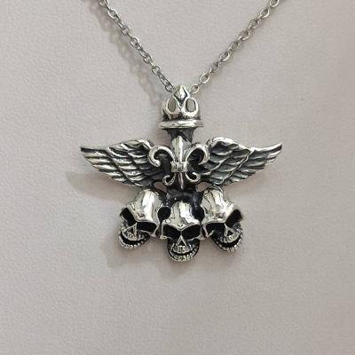 China Wholesale Hiphop Jewelry Silver 925 Silver Pendant Necklace Men's Wings Both Three Pendants and Skull Jewelry Gift Charms for sale