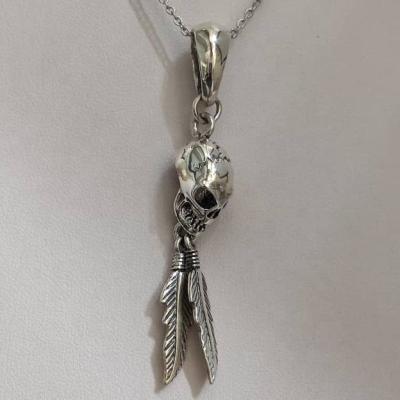 China Mens 925 Sterling Silver Feather Skull Jewelry Party Pendants & Charms Custom Made Hiphop Fine Necklace Double Double for sale