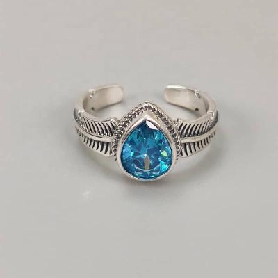 China Amazon FASHIONABLE Women's Rings 925 Rings Women's Rings 925 Sterling Silver Gold Plated Drop Feather Sea Blue Water Feather Jewelry for sale