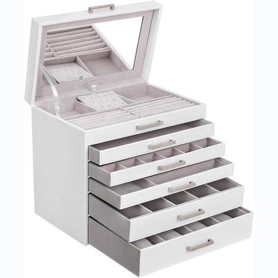 China Eco-friendly Materials Ready To Ship Large White Mirror Wooden Leather Jewelry Box Jewelry Storage Box With Drawers for sale