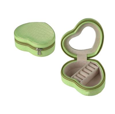 China Handmade Heart Shape Mini Light Green Crocodile Leather Gift Jewelry Case with Zipper Closure for Girls for sale