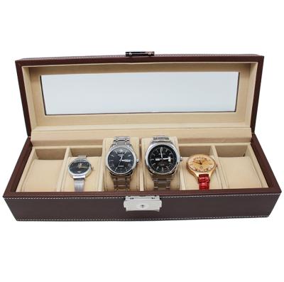 China Custom Luxury Leather 6 Watch and Watch Storage Watch Storage Box Packaging Box with Glass Top for sale