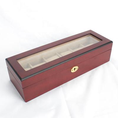 China Luxury Wooden Box Custom 6 Slots Wooden Watch Packaging Watch Display Box With Gold Hardware And Glass Top for sale