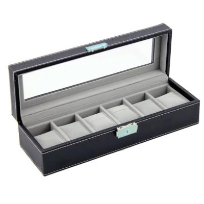 China Luxury Black Leather Watch Collection Box 6 Watches Storage 6 Slots Watch Display Cases With Glass Top for sale