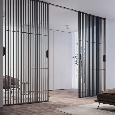 China Decoration Indoor Interior Grill Partition Design Glass Sliding Doors Price With Hardware Slim Aluminum Frame Soft Close Slide Doors for sale