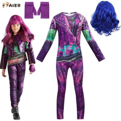 China Hot Selling Polyester Descendants 3 Evie Cosplay Dress Mal Jumpsuit With Wigs Kids Halloween Carnival Costume For Girls for sale