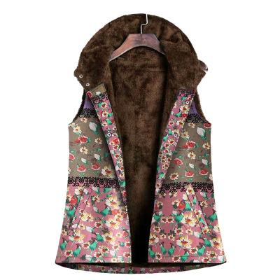 China 2021 Winter New Viable Cotton And Canvas Printing Plus Velvet Cotton Sleeveless Hooded Coat Plus Size Women'S Warm Vest Coat for sale