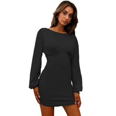 China Sleeve Puff Fashion Anti-Wrinkle Best Quality Sexy Dress Rib Knitted Club Pencil Autumn Elegant Casual Slim Dresses For Women for sale