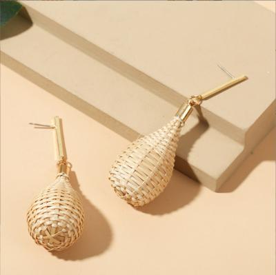 China Vintage Geometric Straw Weave Rattan Vine Braid Earrings Korea Handmade Wooden Drop Earrings New Long Earrings for sale