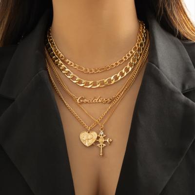 China Retro Portrait Necklace Hip Hop Multi Layered Cross Pendant Necklace Fashionable Cross Pendant Necklace For Women Fashion Jewelry Necklaces for sale