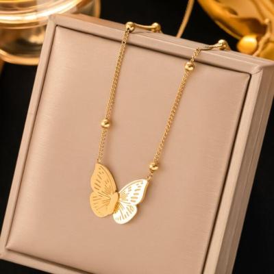 China Vintage Fashion Korea Stainless Steel Gold Bead Chain Butterfly Choker Necklace Dangle Earrings For Women Fashion Girl Jewelry Set for sale