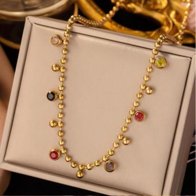 China Vintage Multicolor Stainless Steel Crystal Zircon 18K Gold Necklace For Women Fashion Girls Ball Chain Wedding Party Jewelry Gifts for sale