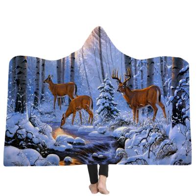 China Lion Wolf Sika Deer 3D Printed Plush Animal Wearable Hoodie Blanket For Beds Warm Fleece Wearable Soft Throw Blankets for sale