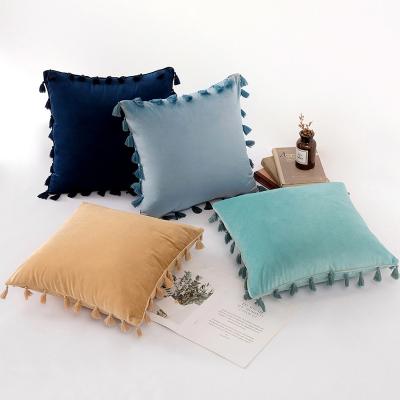 China Boho Style Tassel Velvet Plush Sofa Pillow Cover Solid Color Plush Bedside Cushion Cover Fringe Pillowcase Vintage Rectangular Knot for sale