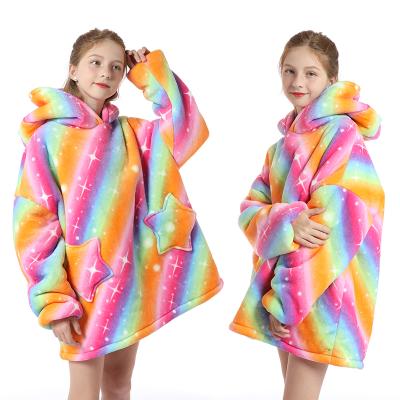 China Cute Printed Fleece Hoodie Blanket Sweatshirt Family Anti-Static Children Oversize Outdoor Hooded Blankets Printed Cute Wearable Sweater for sale