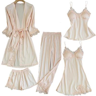 China Breathable Satin Lace Pajamas Set Women's 5PC Strap Sleepwear Sleepsuit Spring Long Robe Autumn Pajamas Home Wear Nightwear Long Robe M-XXL for sale