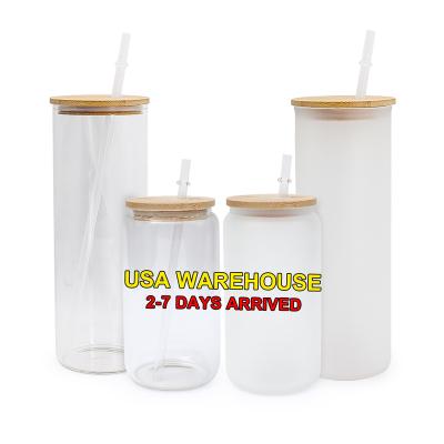 China American Wholesale Clear Sublimation 12oz 16oz 25oz Style Soda Can Frosted Glass Tumbler With Bamboo Lid And Straw Beer Glass for sale