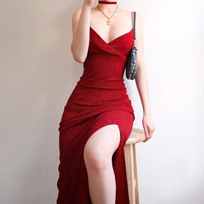 China Anti-static women's backless dress irregular spaghetti-strap split formal dress banquet dress for sale