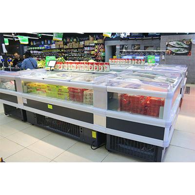 China Single-temperature Panoramic Elegant Blown Freezer For Frozen Food Fish And Chicken Sliding Island Freezer for sale