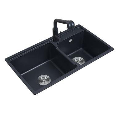 China With Faucet Zeming ZM216 Kitchen Granite Quartz Composite Stone Pull Down Double Bowls With Ridge For Water Running Middle for sale