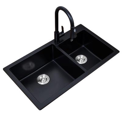 China Without Faucet Black Granite Double Sink Bowls For Dishwasher Connection for sale