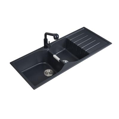 China Without Faucet Zeming ZM102 Granite Topmounted Sink Compound Rectangular And Curved Double Bowls With Drainer for sale