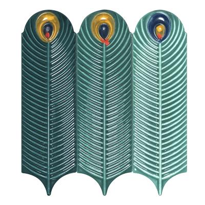 China Glazed special handmade colorful ceramic shiny metallic tiles peacock feather design 90x300 3d wall decorative tile for sale