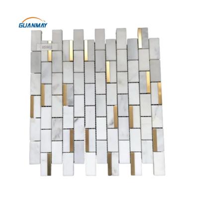 China Carrara Brass Tile CLASSIC Square White Marble Mosaic Metal Tile Polished Kitchen Bathroom Backsplash for sale