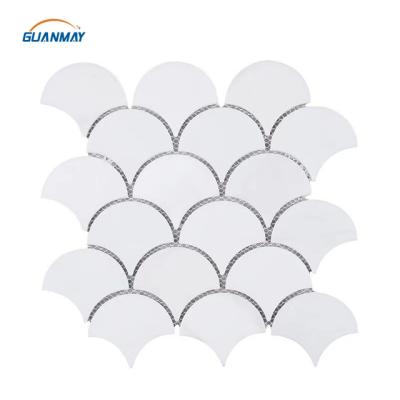 China Factory Price New CLASSIC Inkjet Kitchen Shower Backsplash White Propeller Shaped Carrara Fish Scale Recycled Glass Mosaic Wall Tiles for sale