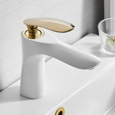 China WANFAN Modern Bathroom Water Tap 220L Single Handle White With Brass Gold Basin Faucet for sale