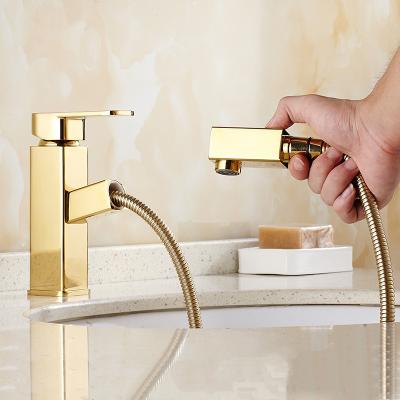 China WANFAN Contemporary Gold Finish Pull Out Square Bathroom Sink Faucet, Hair Wash Single Hole Mixer Vanity Vessel Taps 9016K for sale