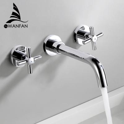 China 855010 Modern Basin Faucets Chrome Handle Bathroom Sink Basin Mixer Tap Brass Wall Mounted 3 Holes Double Taps Basin Faucets for sale