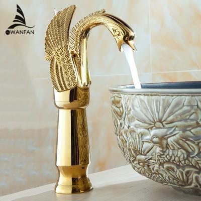 China New Swan Top Faucets WANFAN HJ-36K Hot Taps Arch Design Single Hole Gold Basin Luxury Brass Metered Cold Taps for sale