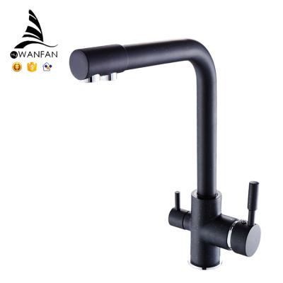 China WANFAN 0175R 3 Way Contemporary Hot And Cold Black Double Handle Drink Water Brass Kitchen Faucet for sale