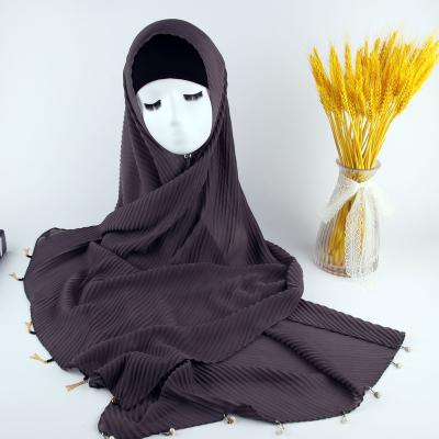 China High Quality Soft and Comfortable Pleated Tassel Muslim Hijab Chiffon Shawl Dangling Turban for Malaysia for sale