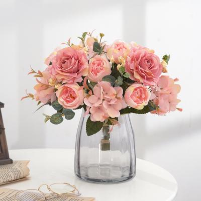 China Forks European-style peony flower artificial silk flower bouquet 6 hydrangea and peony bouquet for sale