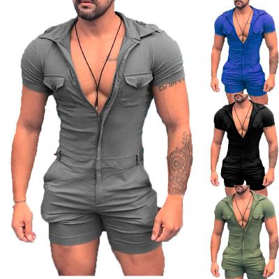 China New Personality Trend Solid Color Zipper Overalls Men S-5XL One-Piece Summer Short Short Sleeve Fit Slim QUICK DRY Shirt for sale